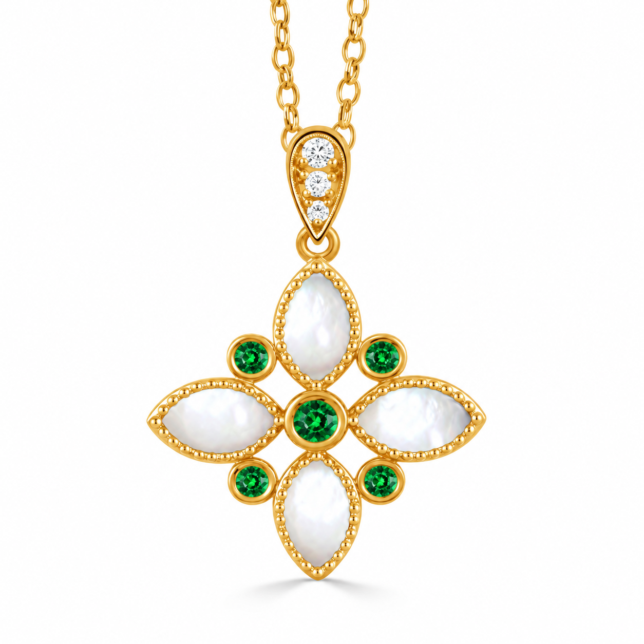 Yellow Gold Mother of Pearl with Tsavorite and Diamond Pendant Necklace l DOVES