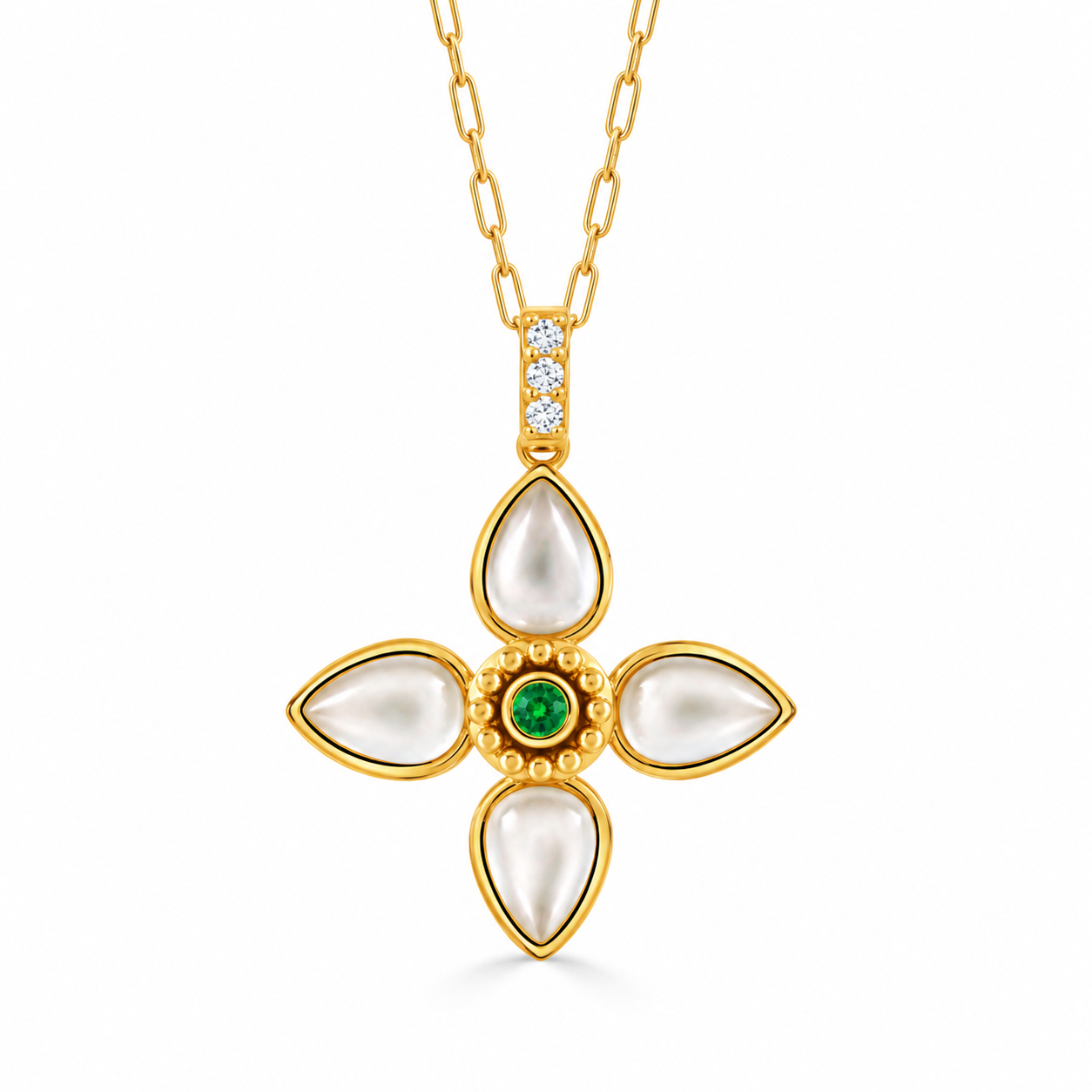 Yellow Gold Mother of Pearl and Tsavorite with Diamonds Pendant Necklace l 18 inches