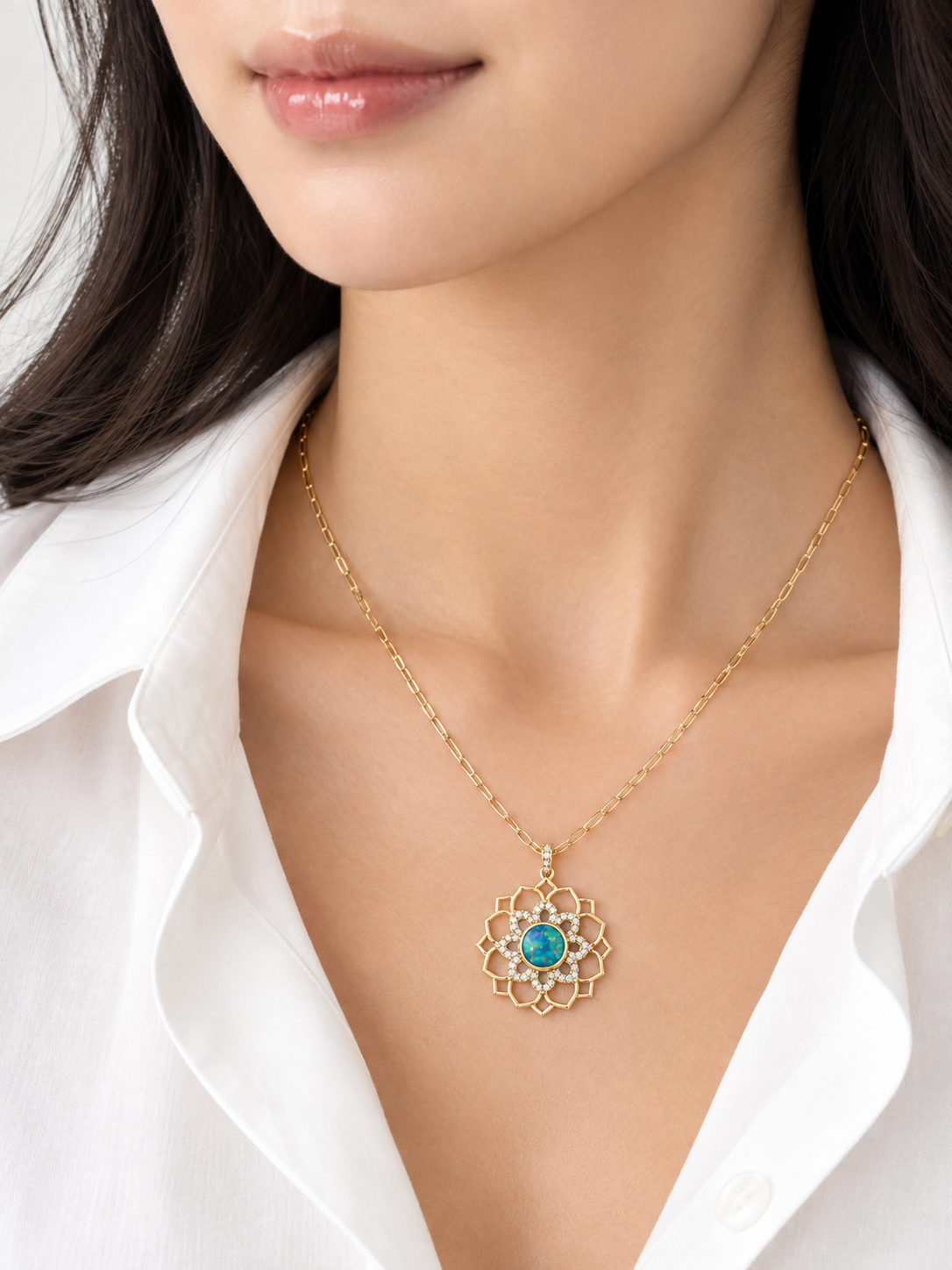 Yellow Gold 1/4ctw Diamond and Opal Pendant Necklace Lotus Collection l KABANA