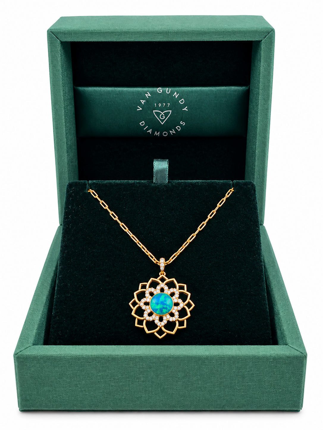 Yellow Gold 1/4ctw Diamond and Opal Pendant Necklace Lotus Collection l KABANA