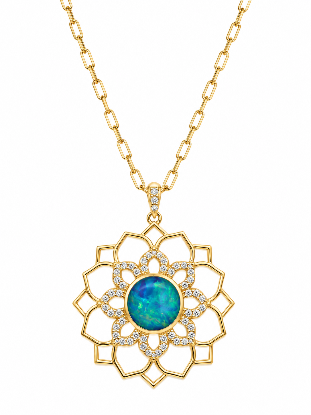 Yellow Gold 1/4ctw Diamond and Opal Pendant Necklace Lotus Collection l KABANA