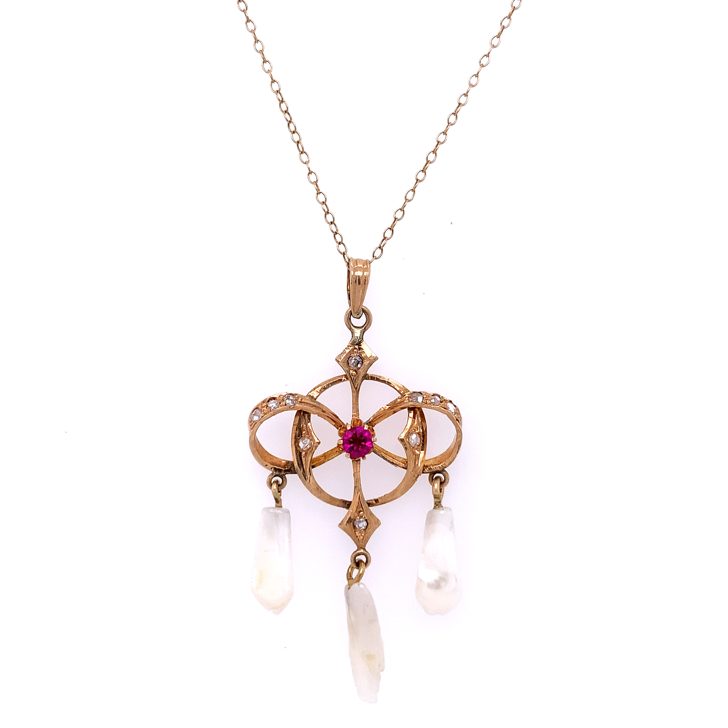 Vintage 14K Diamond Ruby Pearl Necklace