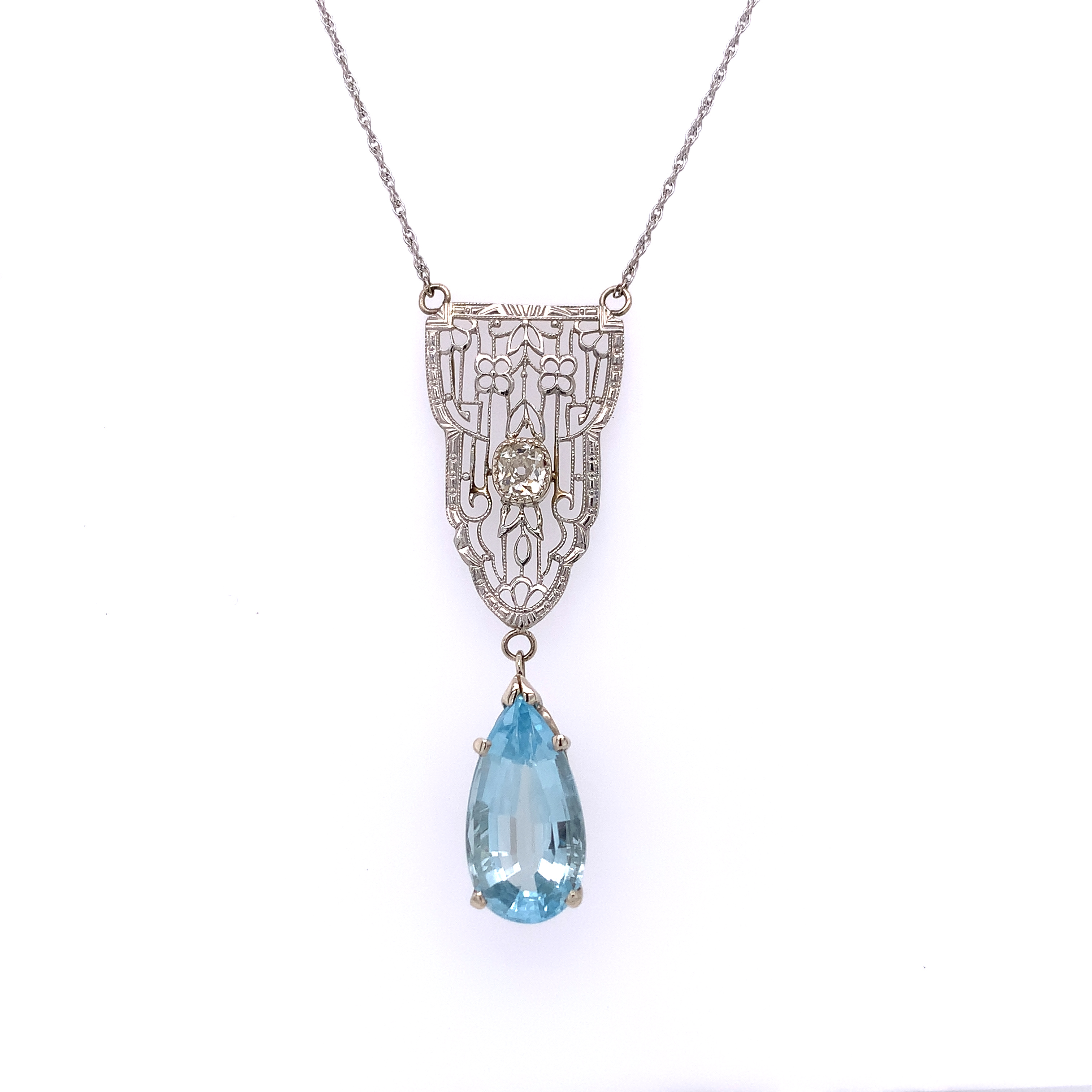 Vintage 14K Aquamarine Diamond Necklace