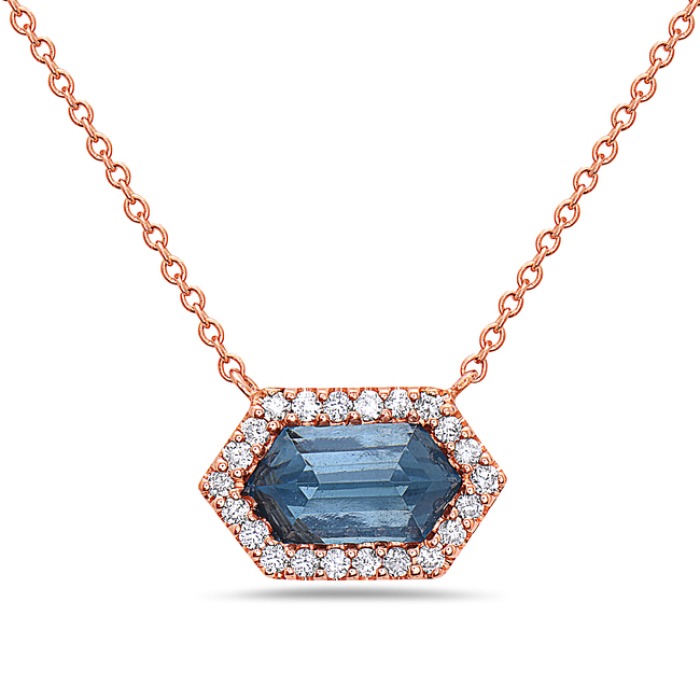 Rose Gold London Blue Topaz and 1/10ctw Diamond Halo Necklace