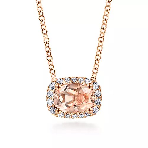 Rose Gold Oval Morganite and Diamond Halo Pendant Necklace