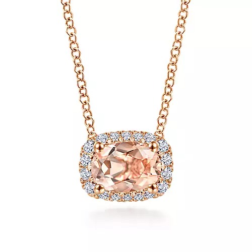 Rose Gold Oval Morganite and Diamond Halo Pendant Necklace