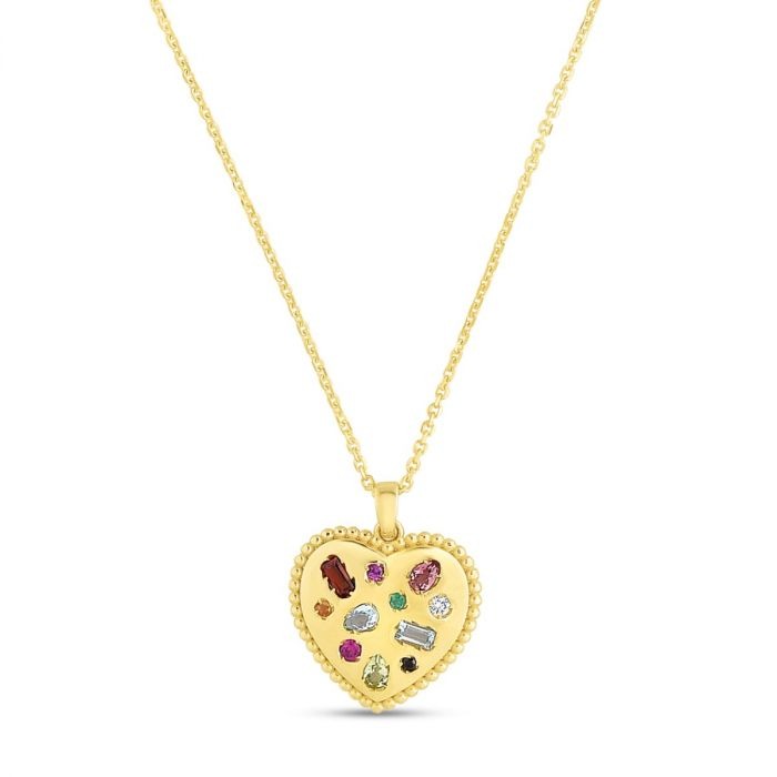 Yellow Gold Gemstone Inlay Heart Necklace