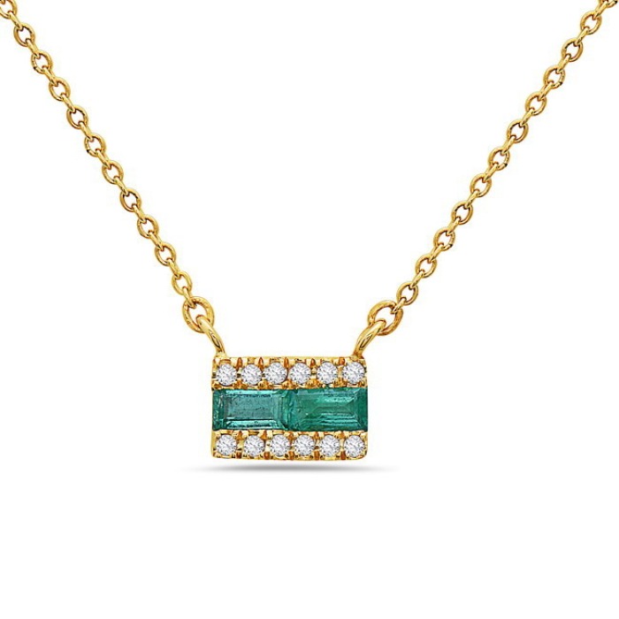 Yellow Gold Emerald and 1/20ctw Diamond Bar Necklace Small