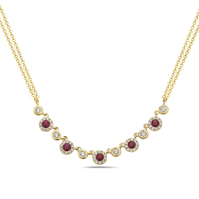 Round Ruby and Diamond Halo Yelllow Gold Necklace