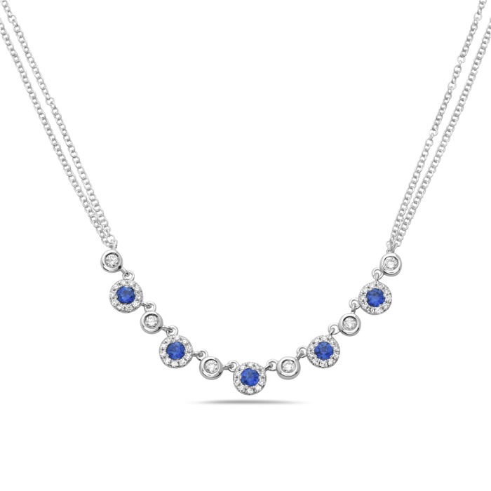 Round Sapphire and Diamond Halo White Gold Necklace