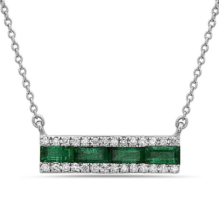 White Gold Emerald and 1/10ctw Diamond Bar Necklace