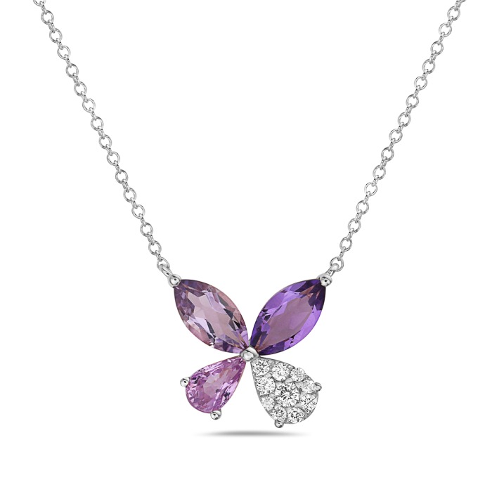 Amethyst and Pink Sapphire and Diamond Flower White Gold Necklace
