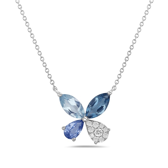 Sapphire and Topaz and 1/10ctw Diamond Flower White Gold Necklace