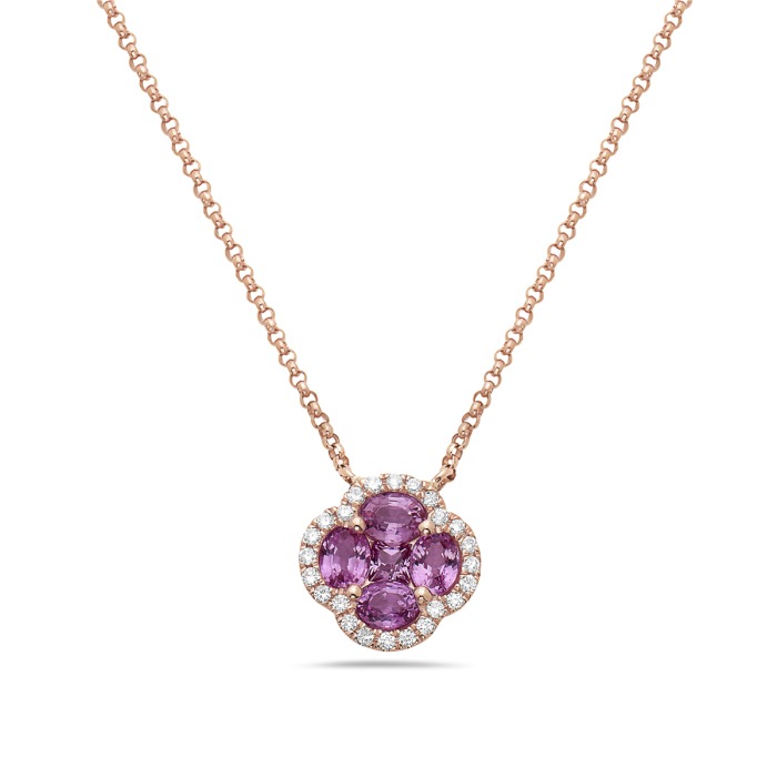 Pink Sapphire and 1/10ctw Diamond Halo Floral Rose Gold Pendant Necklace