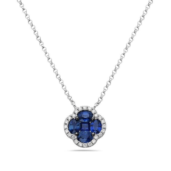 Sapphire and 1/10ctw Diamond Halo Floral White Gold Pendant Necklace