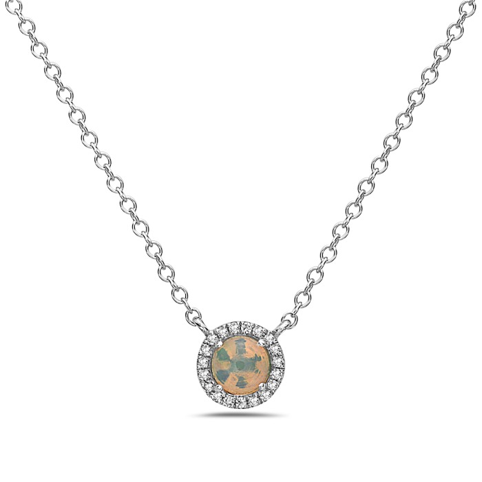 White Gold Opal and 1/20ctw Diamond Round Halo Pendant Necklace Small