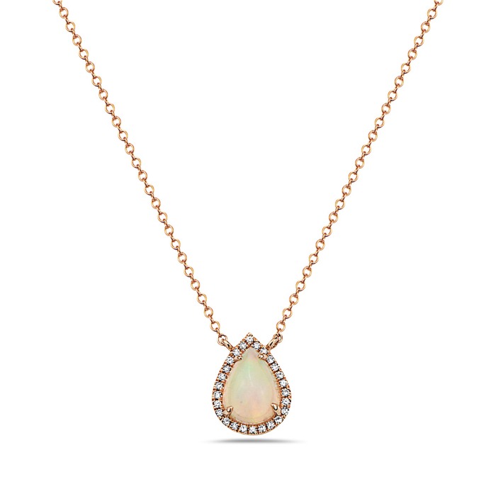 Rose Gold Opal and 1/20ctw Diamond Pear-Shape Halo Pendant Necklace