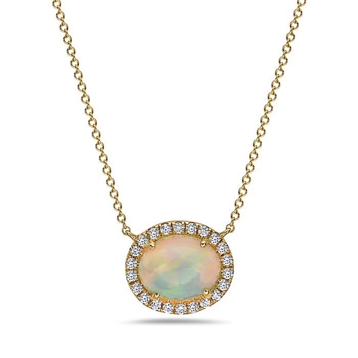Yellow Gold Opal and 1/5ctw Diamond Oval Halo Pendant Necklace