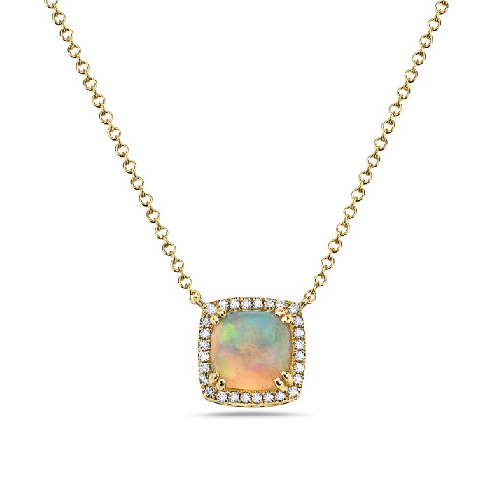 Yellow Gold Opal and 1/10ctw Diamond Cushion Halo Pendant Necklace