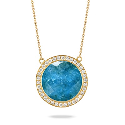 Yellow Gold 1/3ctw Diamond Halo and Apatite Laguna Pendant Necklace l DOVES