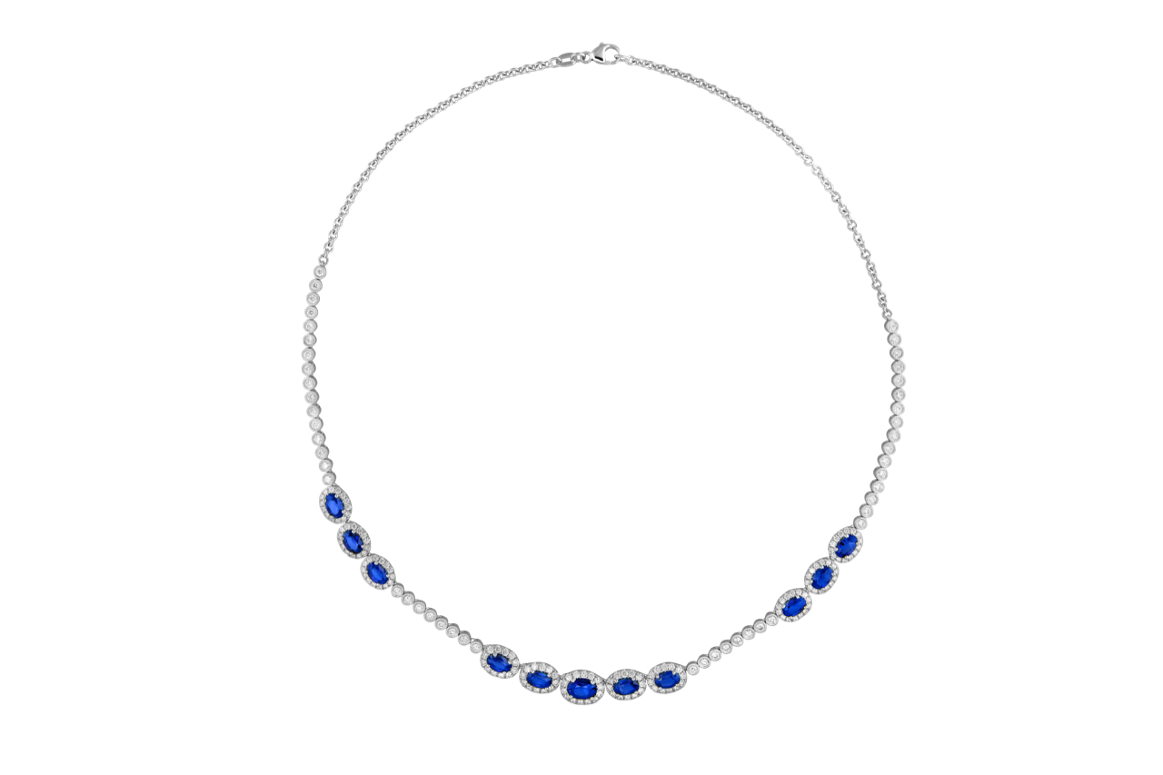 Oval Blue Sapphire and Diamond Halo Necklace l 16 1/2 inches