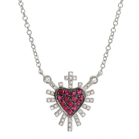 Ruby and 1/10ctw Diamond White Gold Sacred Heart Pendant Necklace