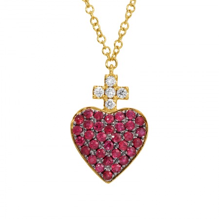 Ruby and Diamond Yellow Gold Sacred Heart Pendant Necklace