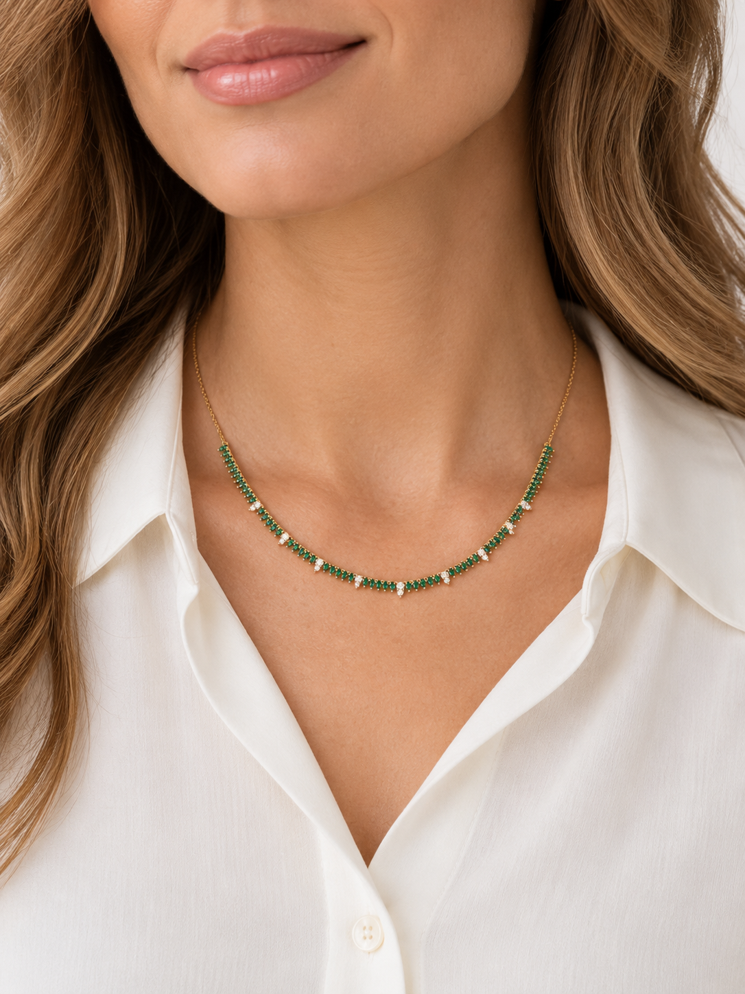 Yellow Gold Emerald & White Diamond Fringe Necklace l 18 inches