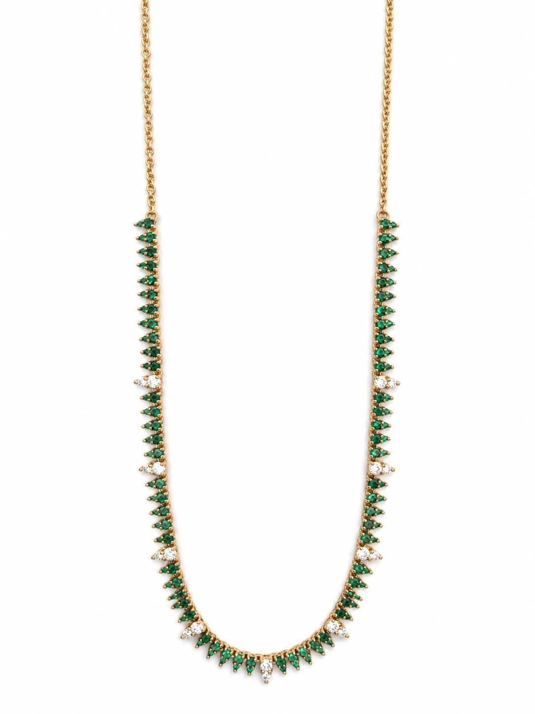 Yellow Gold Emerald & White Diamond Fringe Necklace l 18 inches