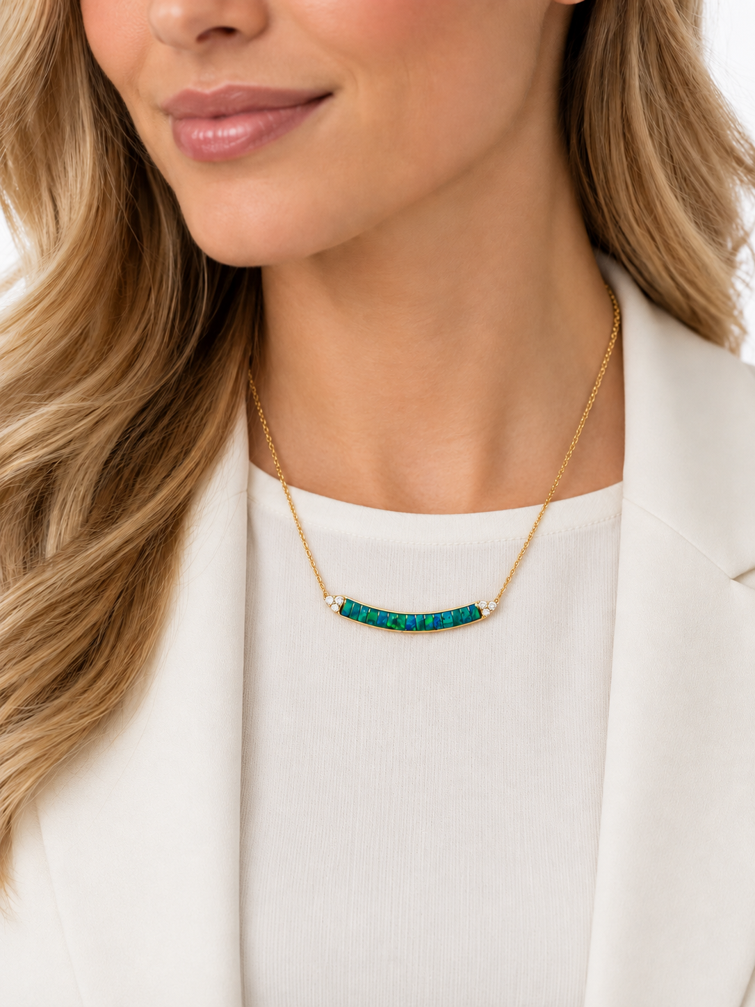 Opan & Diamond Curved Bar Necklace in 14k Yellow Gold l KABANA