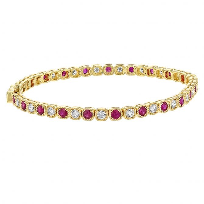 Ruby and 1 3/4ctw Diamond Yellow Gold Milgrain Bezel-set Tennis Bracelet l 7 inches