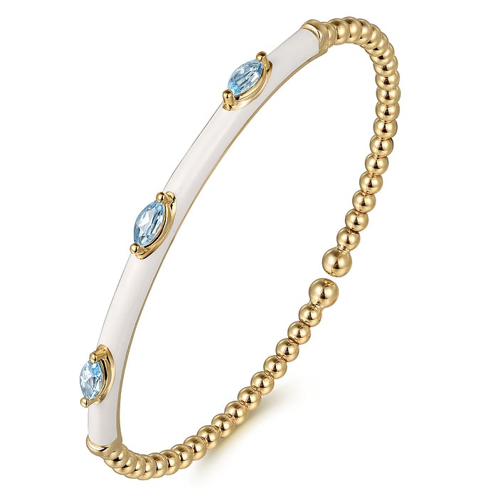 Yellow Gold with White Enamel and Blue Topaz Split Bangle Bracelet l 6 1/2 inches