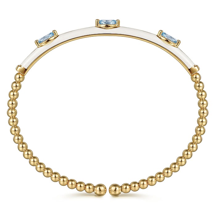 Yellow Gold with White Enamel and Blue Topaz Split Bangle Bracelet l 6 1/2 inches