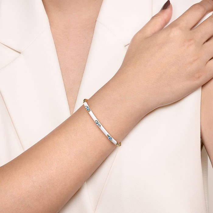 Yellow Gold with White Enamel and Blue Topaz Split Bangle Bracelet l 6 1/2 inches