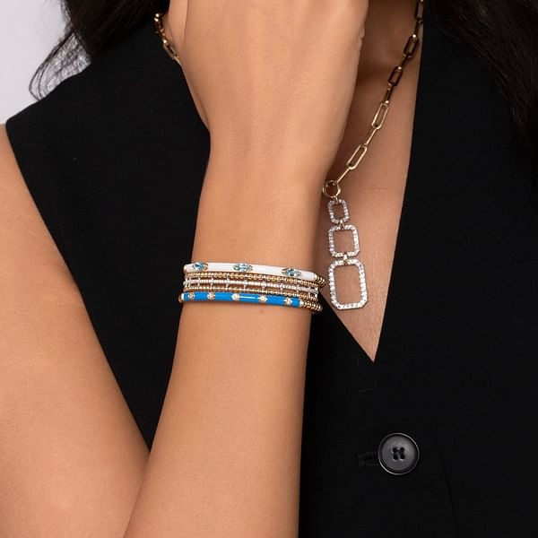 Yellow Gold with White Enamel and Blue Topaz Split Bangle Bracelet l 6 1/2 inches
