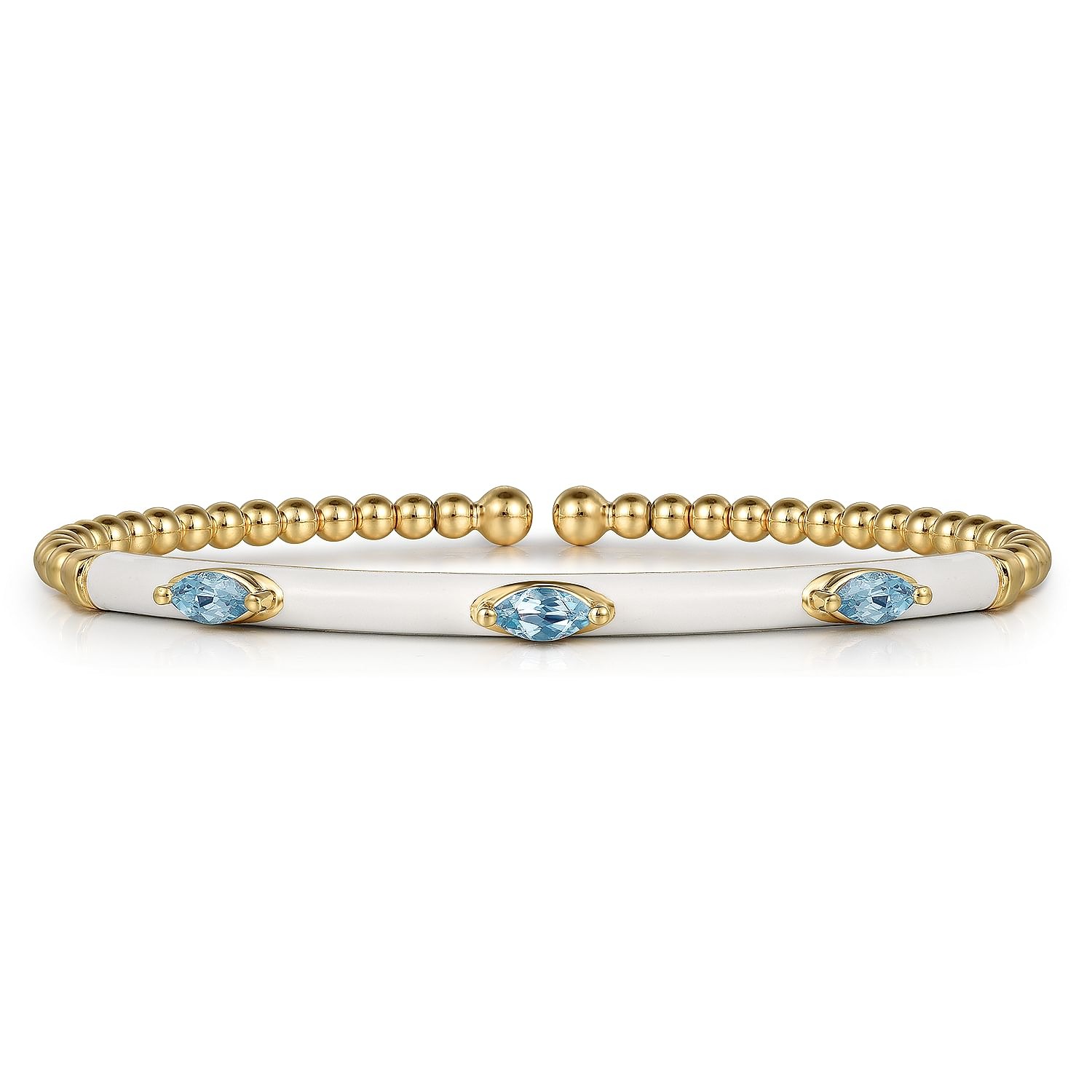 Yellow Gold with White Enamel and Blue Topaz Split Bangle Bracelet l 6 1/2 inches