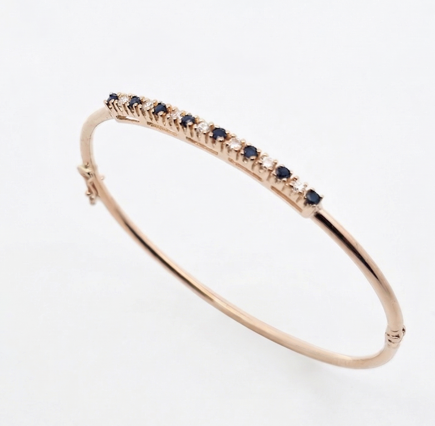 Yellow Gold Blue Sapphire and Diamond Alternating Hinged Bangle Bracelet l 7 inches