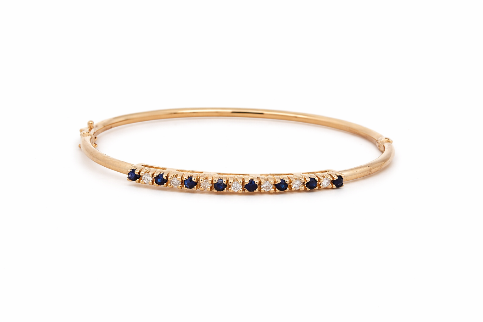 Yellow Gold Blue Sapphire and Diamond Alternating Hinged Bangle Bracelet l 7 inches