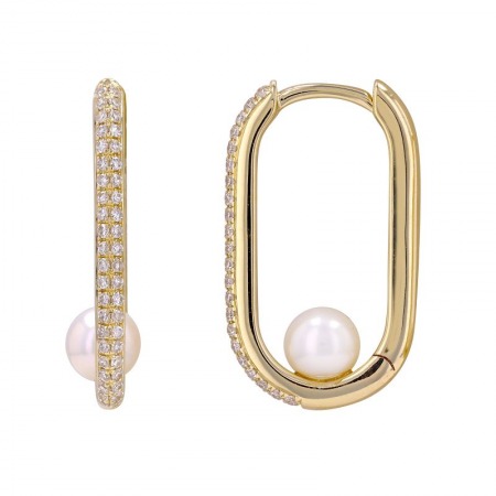 Yellow Gold Pearl & Diamond Oval Huggie Earrings