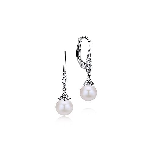 Pearl and 3/20ctw Diamond White Goild Drop Earrings