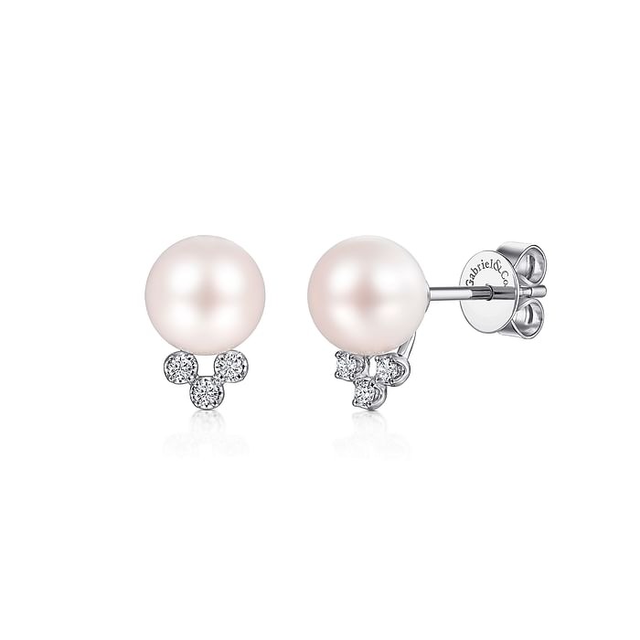7-7.5mm Freshwater Cultured Pearl and Diamond Accent White Gold Stud Earrings