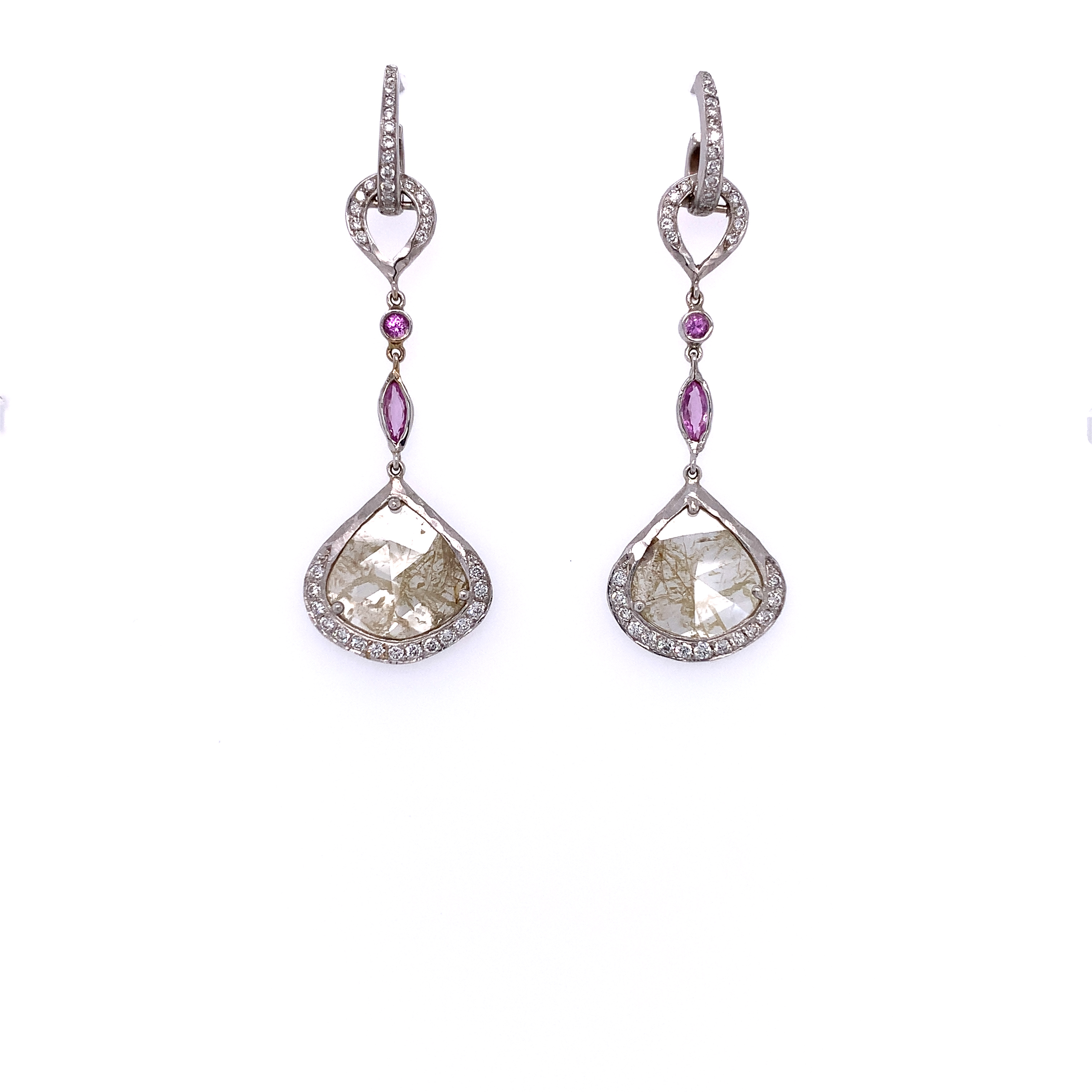 Estate 14k Diamond Pink Sapphire Dangle Earrings