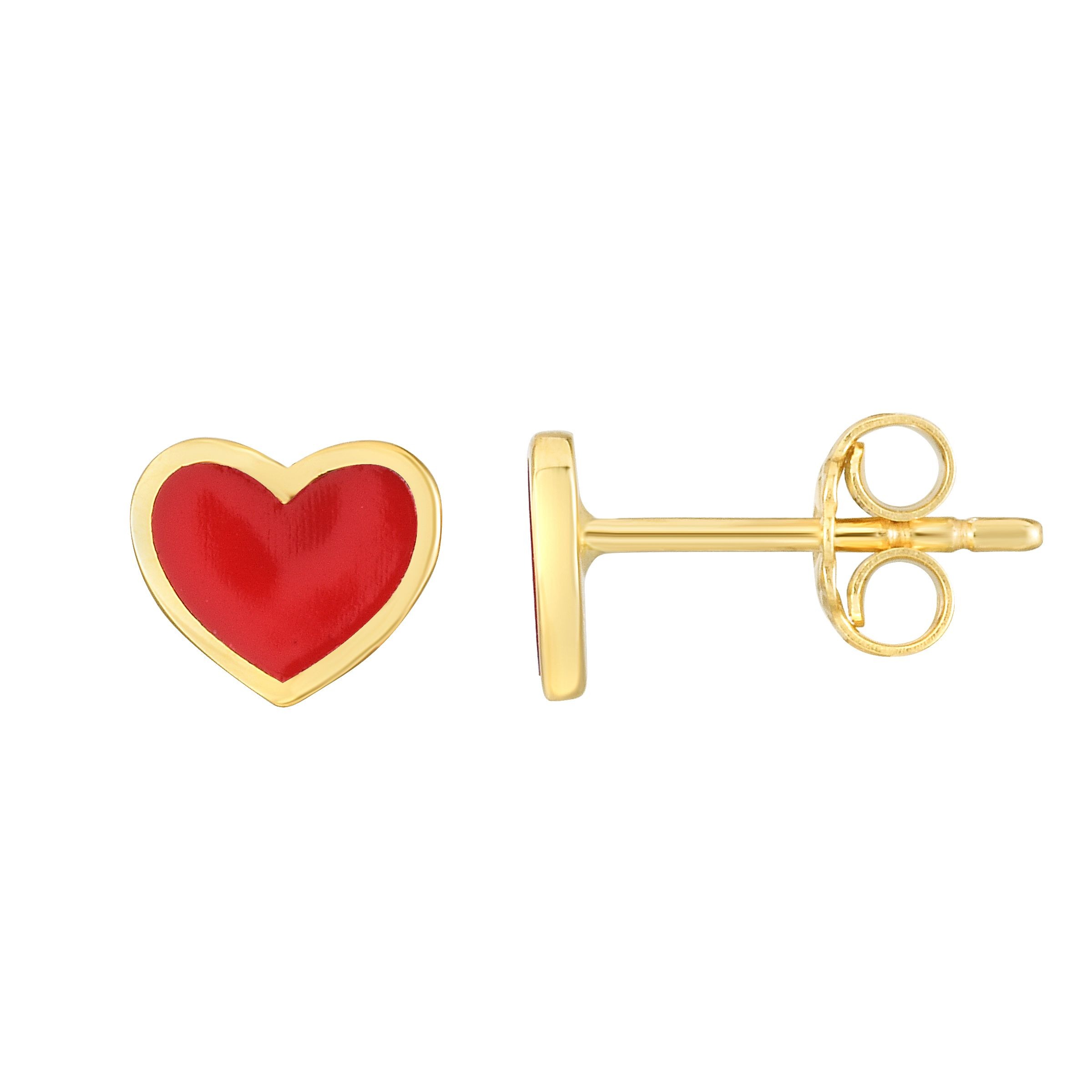Yellow Gold Red Heart Enamel Earrings