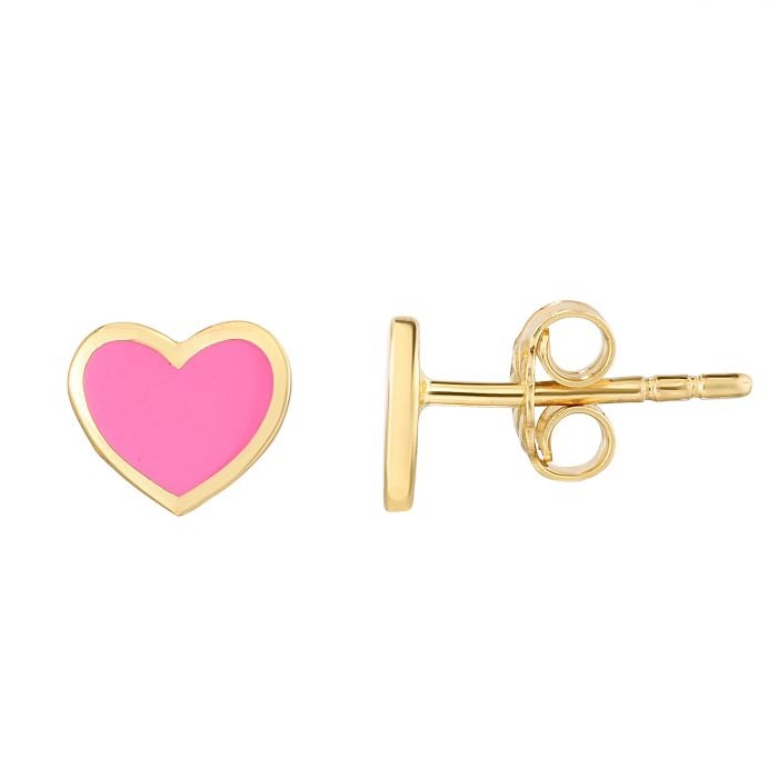 Yellow Gold Pink Heart Enamel Earrings