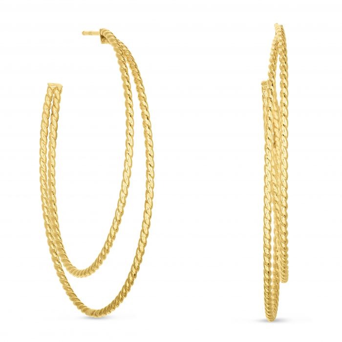 Yellow Gold Twisted Oval Double Row Hoop Earring