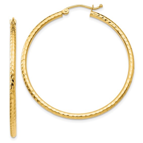 Yellow Gold Diamond cut 2mm Round Tube Hoop Earrings