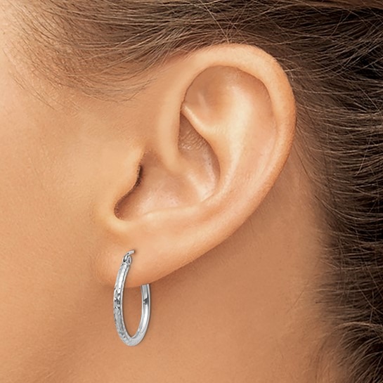 20mm Diamond-cut Round Tube White Gold Hoop Earrings