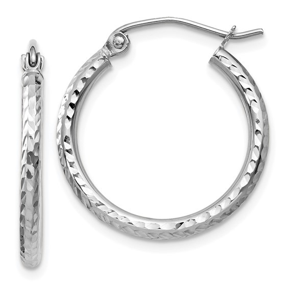 20mm Diamond-cut Round Tube White Gold Hoop Earrings