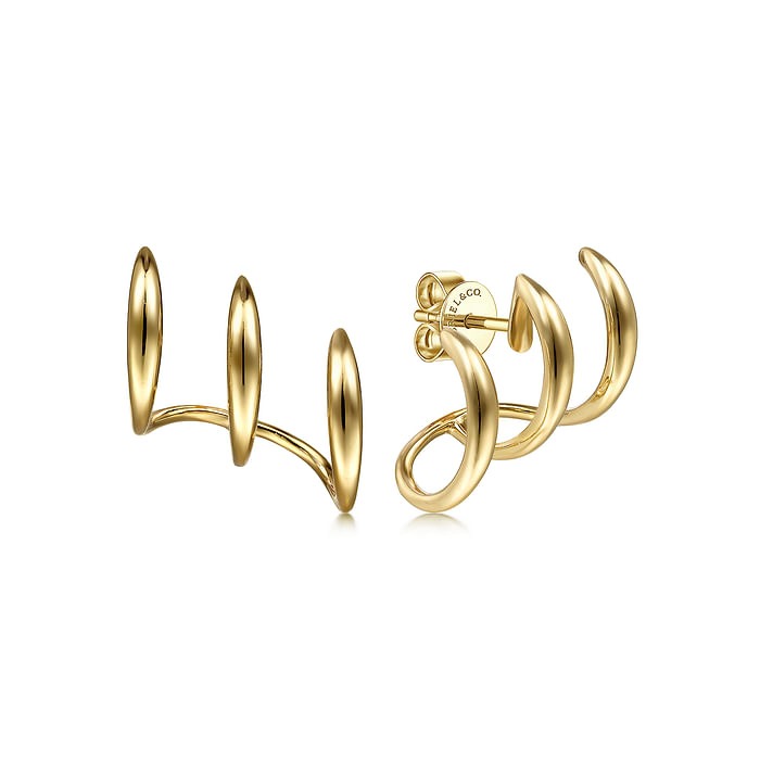 GABRIEL & CO. Yellow Gold Curving Three Row Stud Earrings