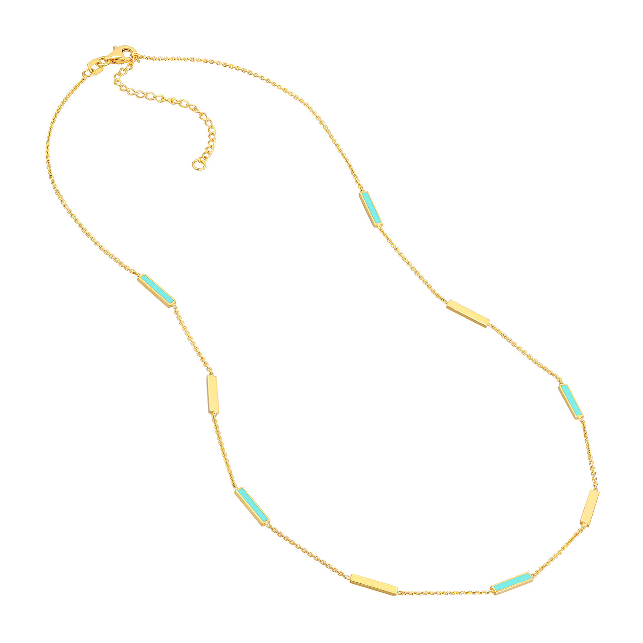 Turquoise Enamel Bar and Gold Link Yellow Gold Chain Necklace l 18 inches
